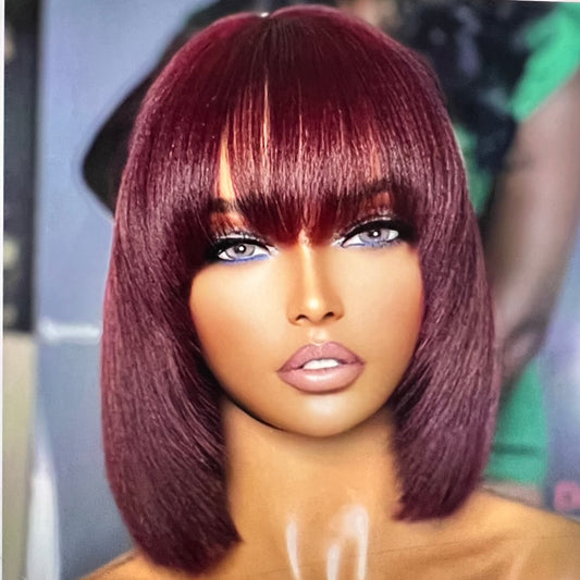 Reddish purple layered cut maki straight  lace bob wig with bangs